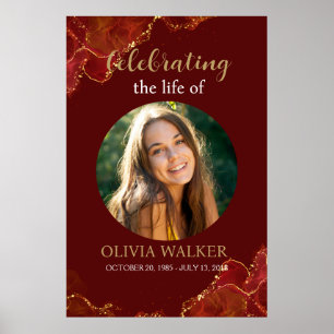 Burgundy & Guld Photo Funeral Memorial Sign Poster