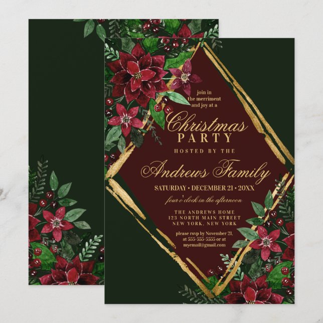 Burgundy Guld Poinsettia Blommigt jul Party Inbjudningar (Fram/baksida)