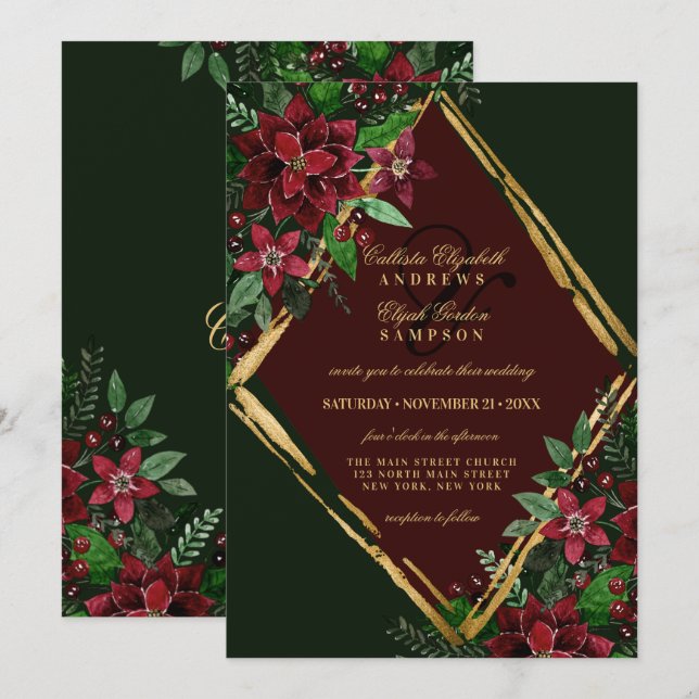 Burgundy Guld Poinsettia Blommigt Watercolor Bröll Inbjudningar (Fram/baksida)