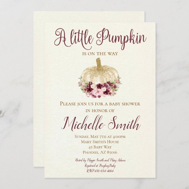 Burgundy Guld Pumpkin Boho Baby Shower-inbjudan Inbjudningar (Fram/baksida)