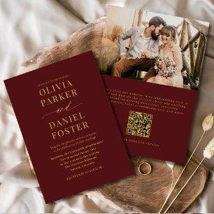 Burgundy Guld QR Code Classic Photo Bröllop Inbjudningar