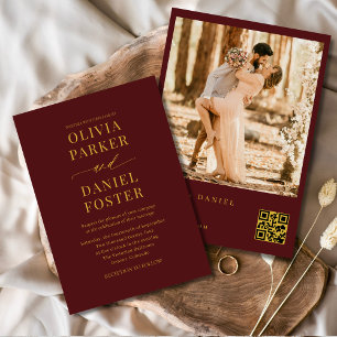Burgundy Guld QR-kod Foto Elegant bröllop Inbjudningar