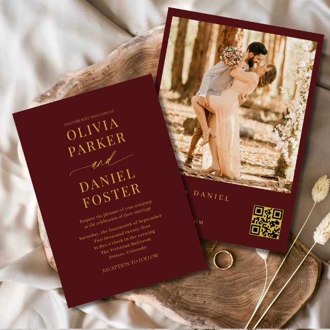 Burgundy Guld QR-kod Foto Elegant bröllop Inbjudningar (Skapare uppladdad)