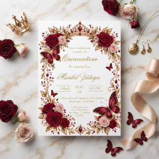 Burgundy Guld Quinceañera | Elegant Elegant Krona Inbjudningar