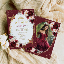 Burgundy Guld Quinceañera Flowers Butterfly Photo Inbjudningar