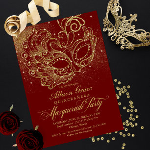 Burgundy Guld Quinceanera Masquerainbjudan