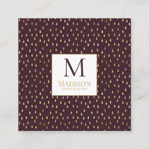 Burgundy Guld RainDrop Modern Trendig Monogram Fyrkantigt Visitkort