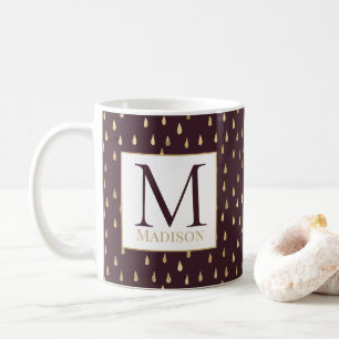 Burgundy Guld RainDrop Modern Trendig Monogram Kaffemugg