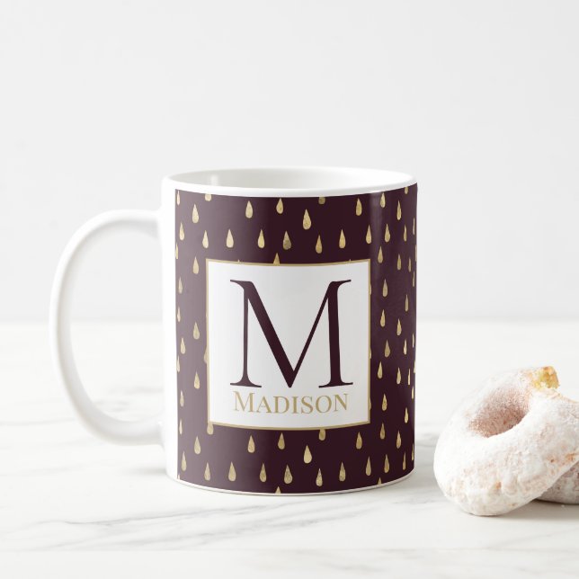 Burgundy Guld RainDrop Modern Trendig Monogram Kaffemugg (Med munk)
