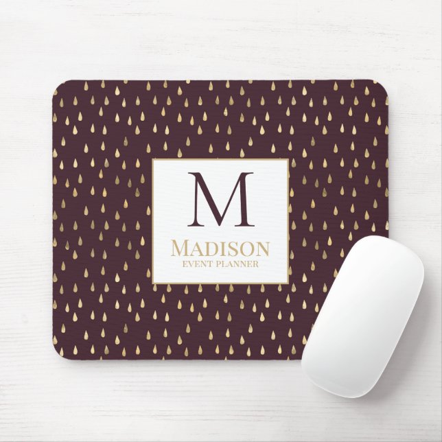 Burgundy Guld RainDrop Modern Trendig Monogram Musmatta (Med mus)