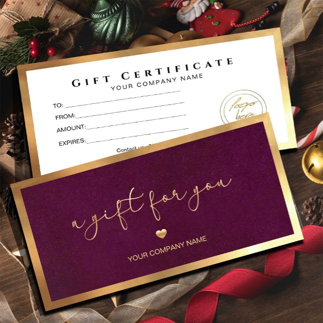 Burgundy Guld Ram Add Logotyp Gift Certificate (Give the gift of choice in style! Our Burgundy Gold Frame Gift Card make every moment special)