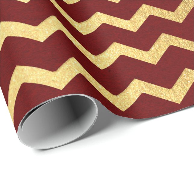 Burgundy Guld Rand Linjer Zig Zag Chevron Presentpapper (Rullad Hörn)