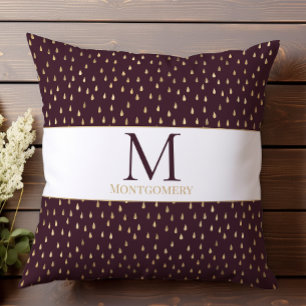 Burgundy Guld Regndrop Modern Trendig Monogram Kudde