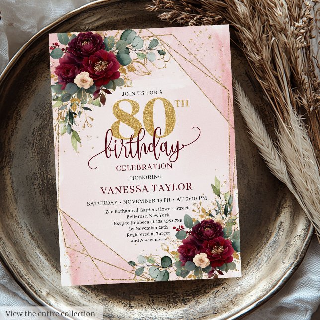  Burgundy Guld Ro 80:e födelsedag Inbjudningar (Timeless Burgundy Blush Gold Roses 80th Birthday Invitation)