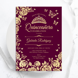 Burgundy Guld Ro Butterflies Quinceanera Inbjudningar