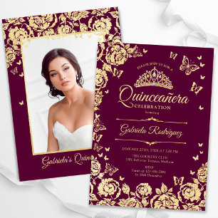 Burgundy Guld Ro Butterflies Quinceanera Photo Inbjudningar