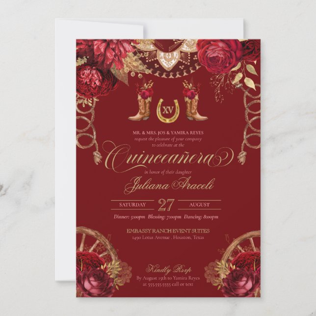 Burgundy Guld Ro Elegant Charro Quinceanera Inv Inbjudningar (Framsida)