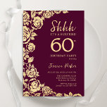Burgundy Guld Ro Surprise 60:e födelsedagen Inbjudningar<br><div class="desc">Burgundy guld blommigt överraskar 60 födelsedagsfest inbjudan. Elegantens utformning med ro,  faux guld-folie och typsnitt för typsnitt. Trendig inbjudan-kortets perfekt för en snyggt kvinnlig dag firande. Kan anpassas till vilken ålder som helst. Skrivna Zazzle-inbjudningar eller digital utskrivbar mall för omedelbar nedladdning.</div>