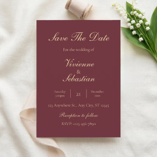 Burgundy Guld Script Minimalist Spara Datum Inbjudningar