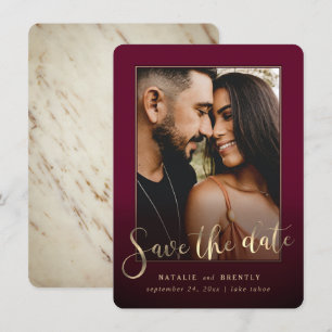 Burgundy Guld-skript och marble Photo Overlay Spara Datumet