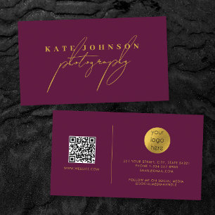 Burgundy Guld-skript QR-kod Social Media Visitkort