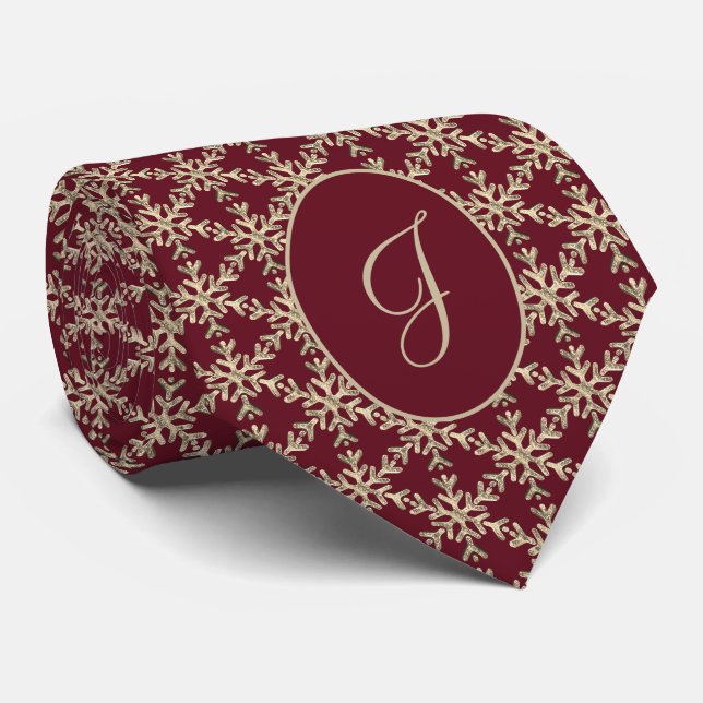 Burgundy Guld Snöflingor Mönster Monogrammad Slips (Rullad)