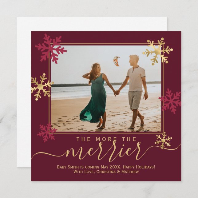 Burgundy Guld Snöflingor Photo Jul Gravid Meddelande (Fram/baksida)