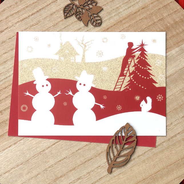 Burgundy & Guld Snögubbar Helgdag Card Inbjudningar (Rustic Burgundy, Red, Gold Company Holiday Christmas Cards, Snow Village Snowmen)