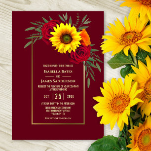 Burgundy Guld Solros Röd ros Bröllop Inbjudningar