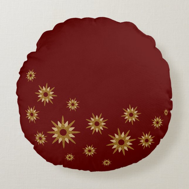 Burgundy & Guld Starburst Round Pillow Rund Kudde (Framsidan)