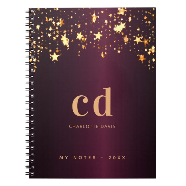 Burgundy guld-stjärnor, initialer lyx i monogram anteckningsbok (Framsidan)