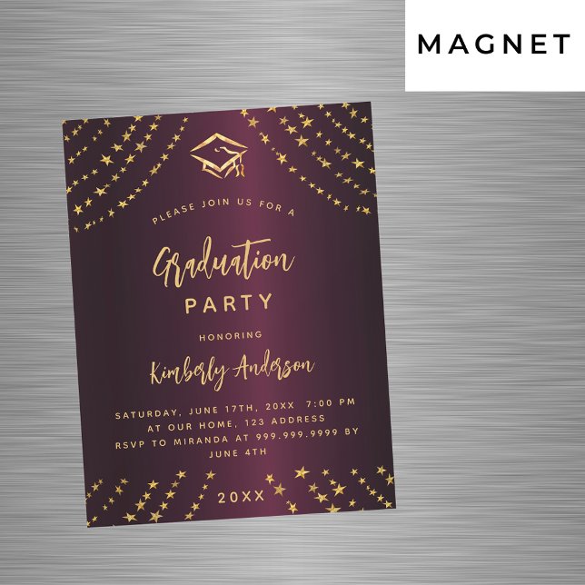 Burgundy guld stjärnor studentfest modern lyx magnetisk inbjudningskort (Skapare uppladdad)