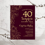 Burgundy Guld Surprise 40:e födelsedagen Party Inbjudningar<br><div class="desc">Burgundy Guld Blommigt Surprise 40:e födelsedagsinbjudan. Minimalistisk modern marondesign med botaniska accenter och typsnitt för typsnitt. Enkel perfekt för inbjudan-kort i blommigt för en snyggt kvinnlig överraskning i firande. Kan anpassas till vilken ålder som helst.</div>