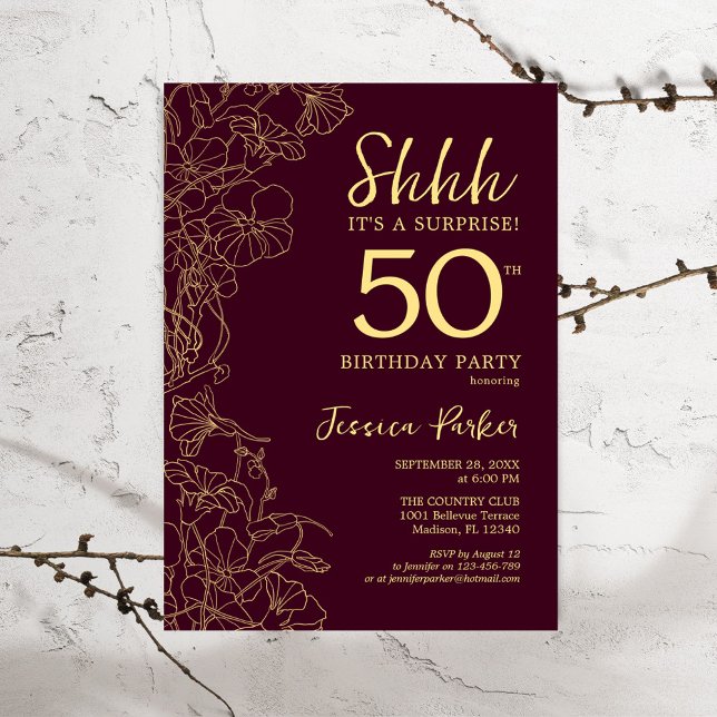 Burgundy Guld Surprise 50:e födelsedagen Inbjudningar (Skapare uppladdad)