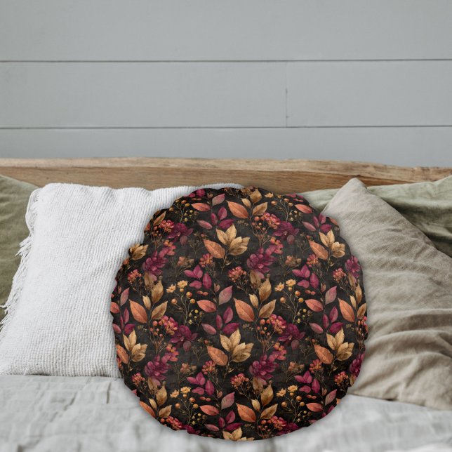 Burgundy Guld Svarta Akvarell Botaniska Floror  Rund Kudde (Burgundy gold black watercolor botanical leaves florals round bedroom or living room pillow)