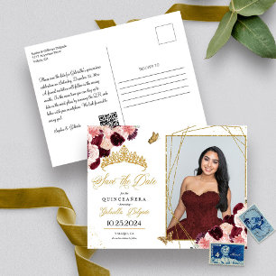 Burgundy & Guld Tiara Quinceañera Foto Postkort Vykort
