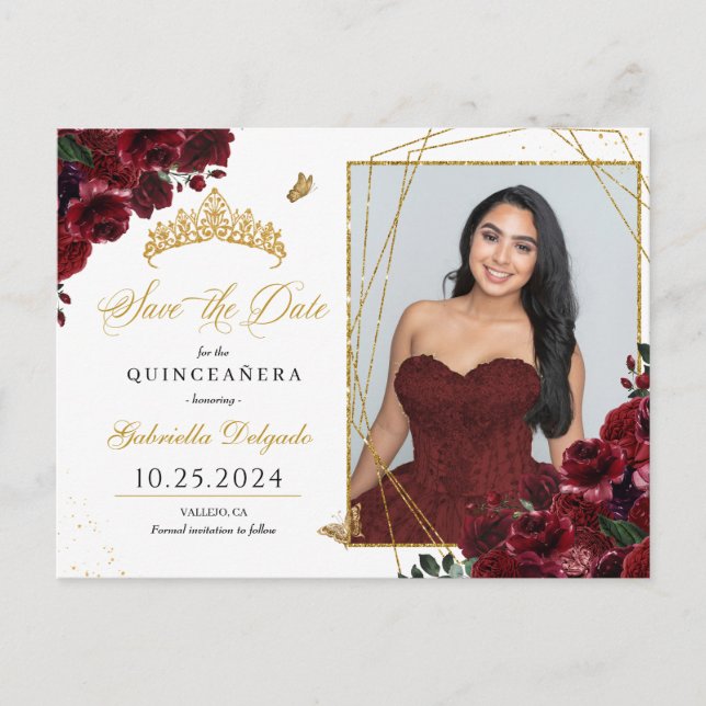Burgundy & Guld Tiara Quinceañera Photo Postcard Vykort (Framsida)
