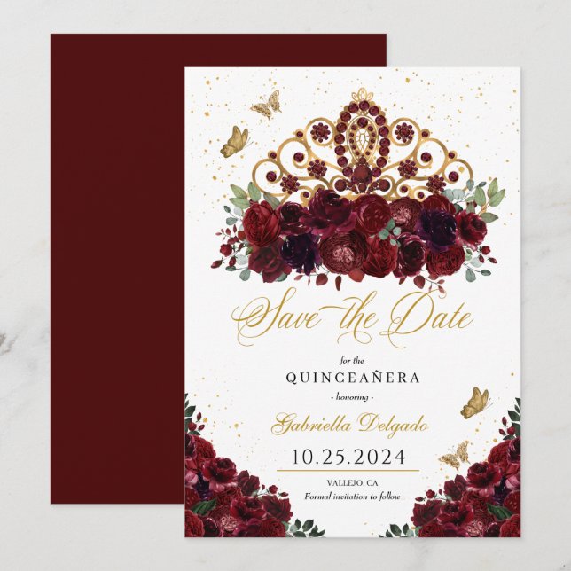 Burgundy & Guld Tiara sparar datumet Quinceañera Inbjudningar (Fram/baksida)