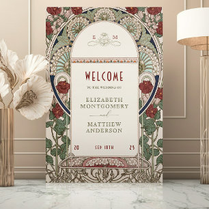 Burgundy Guld Välkomstskylt Bröllop Art Nouveau Poster