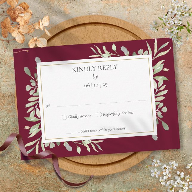Burgundy Guld Vattenfärg Grönska OSA Kort (Burgundy Gold Watercolour Greenery RSVP Card)