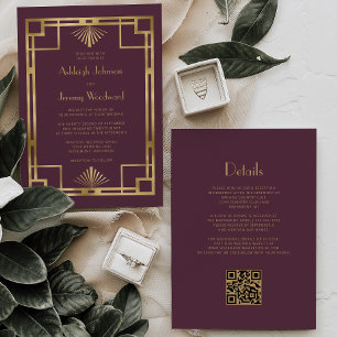 Burgundy Guld Vintage 1920-talet Deco QR Code Bröl Inbjudningar