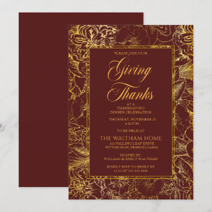 Burgundy Guld Vintage Blommigt Thanksgiving Dinner Inbjudningar