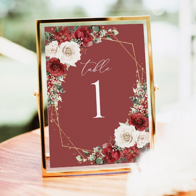 Burgundy Guld Vinter Blommig Bröllops Bord Nummer (Burgundy gold winter floral wedding table numbers, elegant geometric reception centerpiece sign)