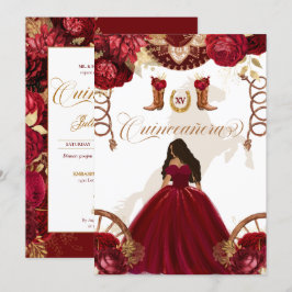 Burgundy Guld Western Charro 2-sidig Quinceanera Inbjudningar