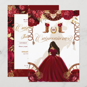 Burgundy Guld Western Charro 2-sidig Quinceanera Inbjudningar