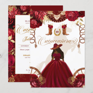 Burgundy Guld Western Charro 2-sidig Quinceanera Inbjudningar