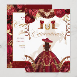 Burgundy Guld Western Charro 2-sidig Quinceañera Inbjudningar