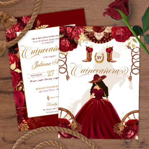 Burgundy Guld Western Charro 2-sidig Quinceanera Inbjudningar