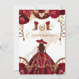 Burgundy Guld Western Charro 2-sidig Quinceañera Inbjudningar