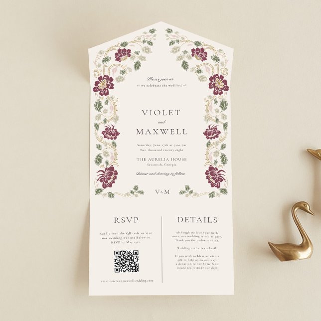Burgundy guldblommig allt-i-ett bröllopsinbjudan (Burgundy Floral Art Nouveau All in One Wedding Invitation, Details and RSVP Card)